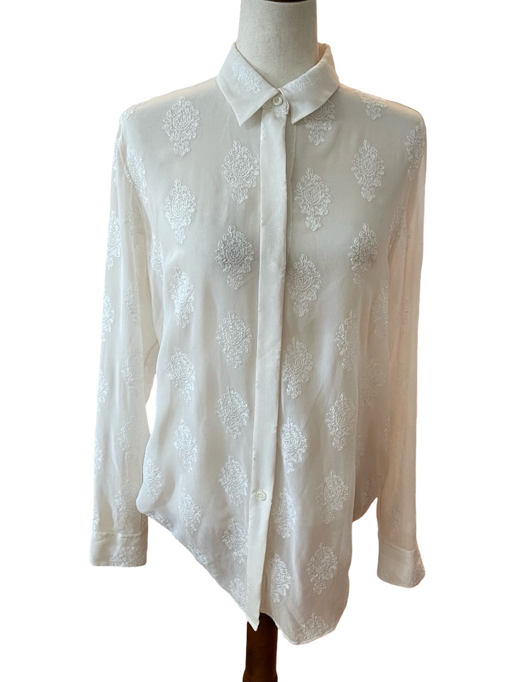THEORY SHEER EMBROIDERED IVORY SILK BLEND BLOUSE